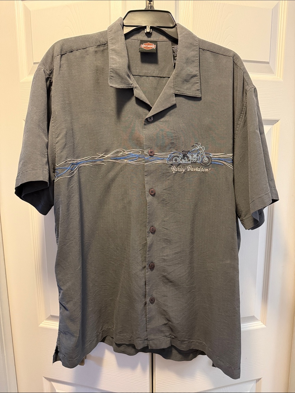 Harley-Davidson Men's Charcoal Button-Down Shirt with Embroidered Motorcycle